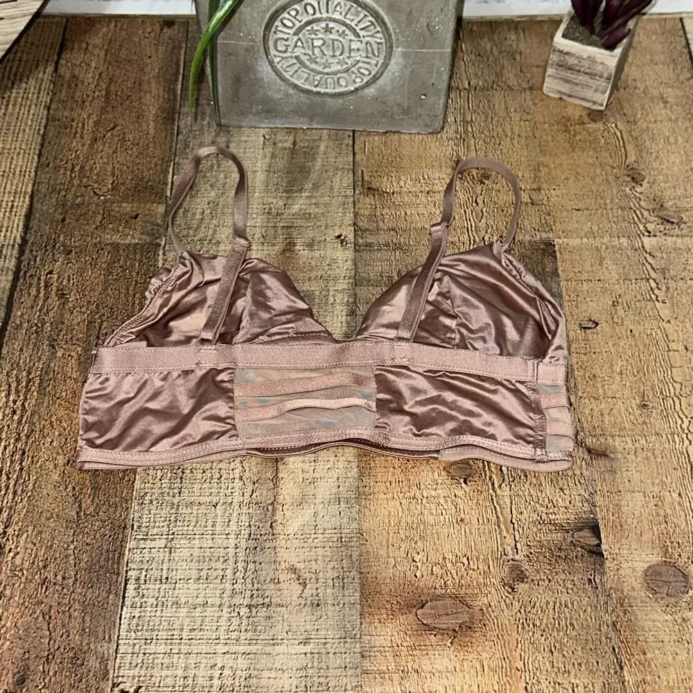 Victoria Secret Bra Strappy Mesh nude long line Satin beige sheer bralette Small